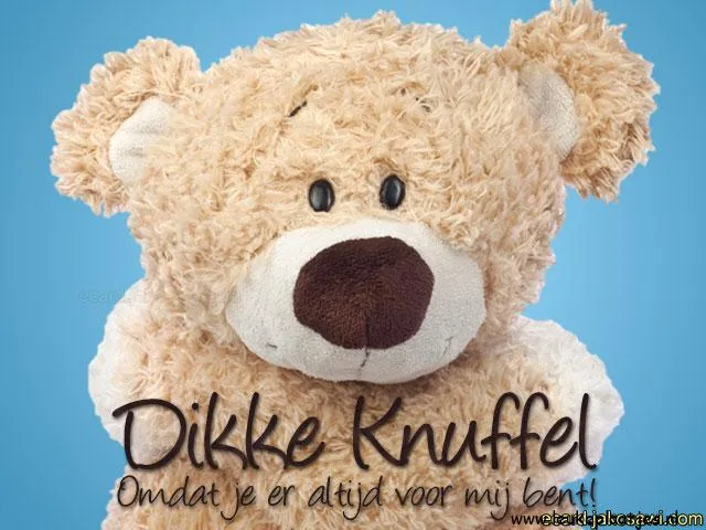 ᐅ dikke knuffel omdat ik aan je denk - Knuffels Plaatjes en Gifs plaatjes Een zachte teddybeer met de tekst "Dikke Knuffel" op een blauwe achtergrond.