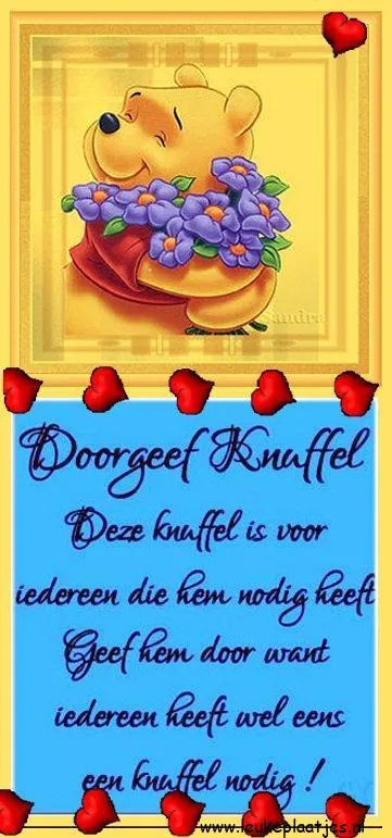 ᐅ dikke knuffel troost - Knuffels Plaatjes en Gifs plaatjes Een schattige beer omarmt bloemen met de tekst over knuffels voor iedereen.
