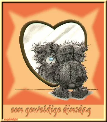 ᐅ dinsdagavond afbeeldingen - Fijne avond plaatjes Teddybeer kijkt in een spiegel, met een hartvormige achtergrond. Tekst: "een geweldige dinsdag".