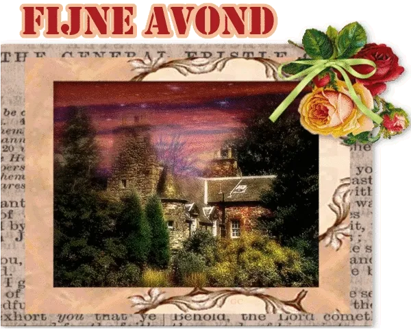 ᐅ dinsdagavond afbeeldingen - Fijne avond plaatjes Een gezellig huis omringd door bomen, met een kleurrijke achtergrond.