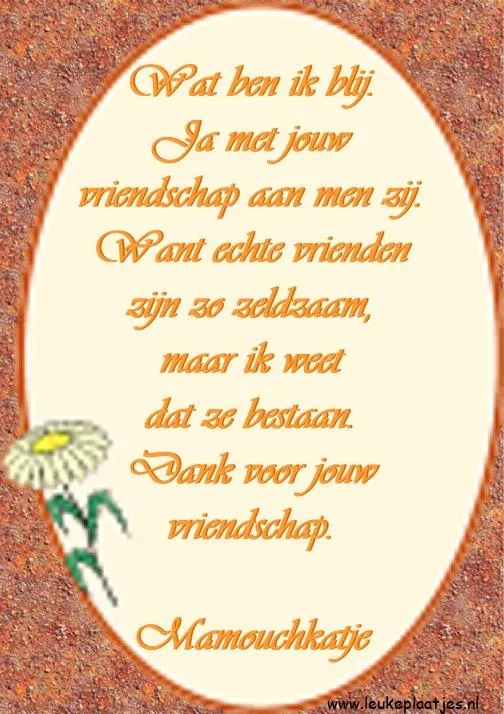 Tekst in een ovaal kader: "Wat ben ik blij met jouw vriendschap..." met een bloemillustratie.