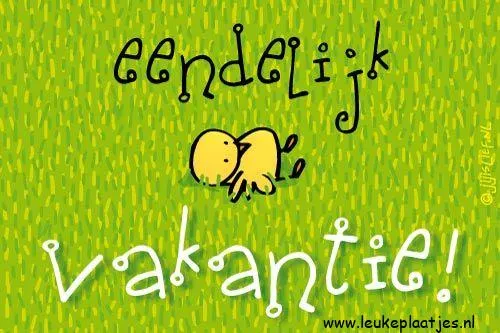 Een vrolijke illustratie met tekst: "Eindelijk vakantie!" en twee schattige kuikens.