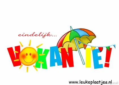 Vrolijke tekst "Eindelijk... Vakantie!" met zon en parasol illustratie.