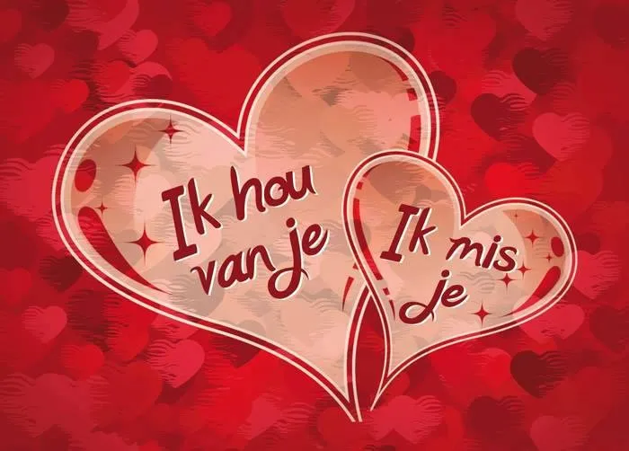 ᐅ even zeggen dat ik van je hou - Ik hou van je plaatjes Twee harten met de teksten "Ik hou van je" en "Ik mis je" op een rode achtergrond.