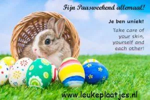 Een konijn in een mand met kleurrijke paaseieren op gras. Fijne paasgroeten!