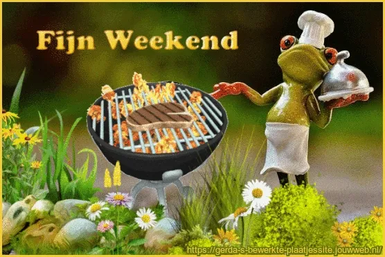 Kikker in chef-kleding naast een barbecue met vlees, feestelijke natuurachtergrond.