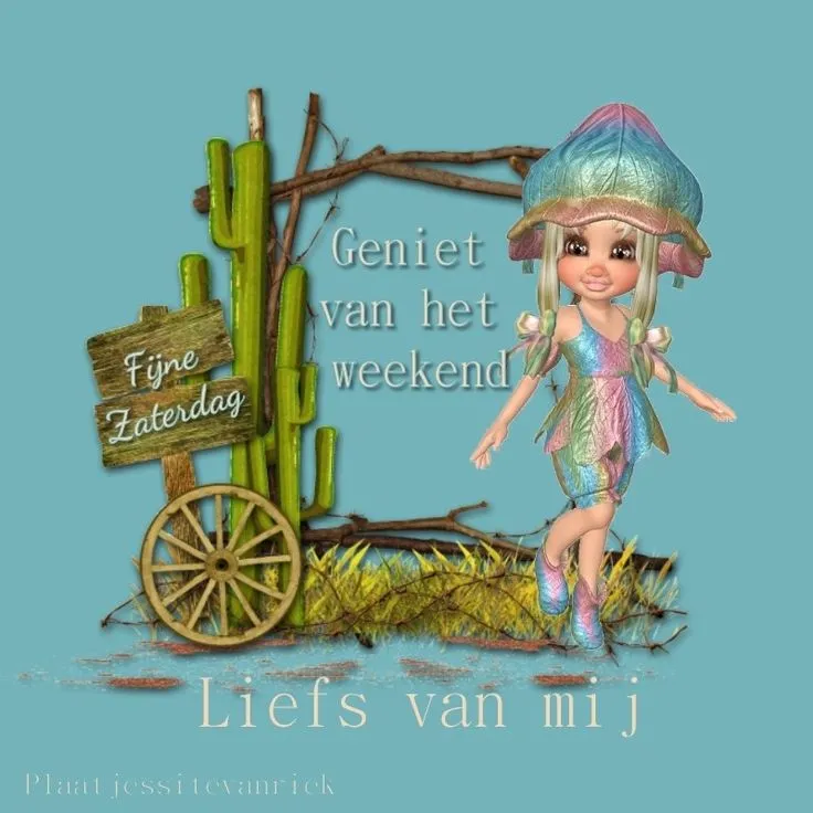 Een kleurrijke pop bij een boerderij, met een bord dat 'Fijne Zaterdag' zegt.