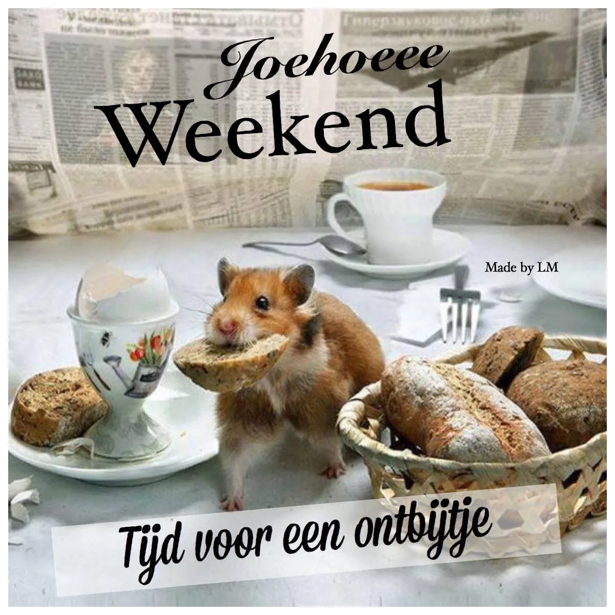 Hamster met een broodje in de mond, omringd door ontbijtproducten. Bovenaan tekst: "Joehoeee Weekend".