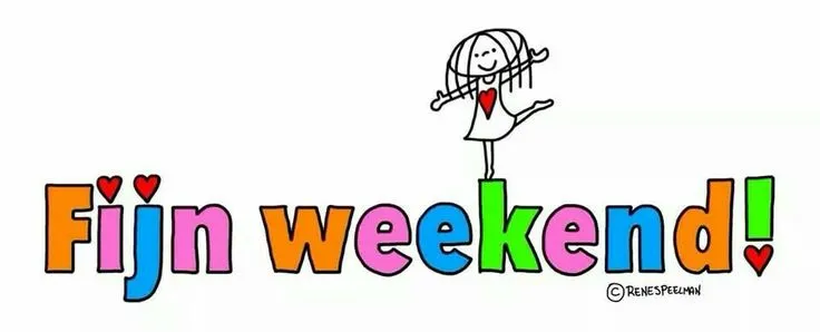 Kind met een hartje, dansend bij de tekst "Fijn weekend!" in kleurrijke letters.