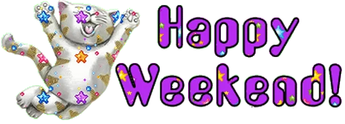 Een blije kat met sterren, naast de tekst "Happy Weekend!" in vrolijke kleuren.