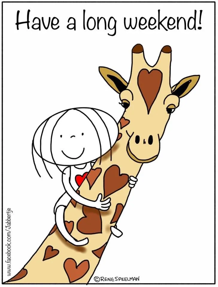 Een meisje omarmt een giraffe met hartjes, met de tekst "Heb een lang weekend!"