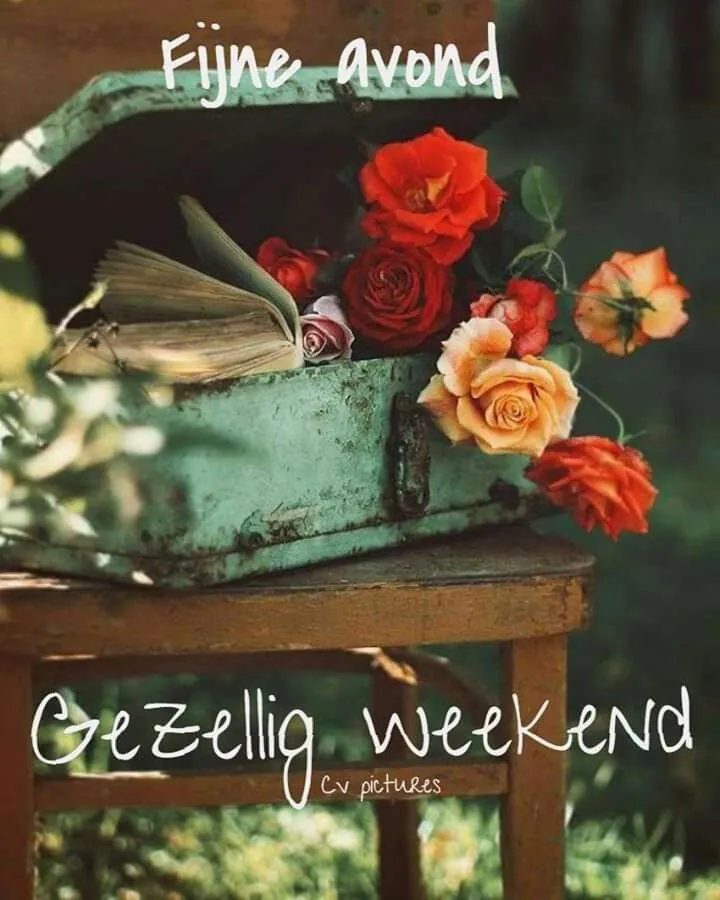 ᐅ fijn weekend bloemen - Weekend plaatjes Een open kist met een boek en kleurige rozen, met de tekst "Fijne avond" en "Gezellig weekend".