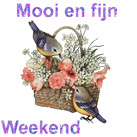 ᐅ fijn weekend bloemen - Weekend plaatjes Twee vogels bij een bloemenmand met de tekst "Mooi en fijn Weekend".