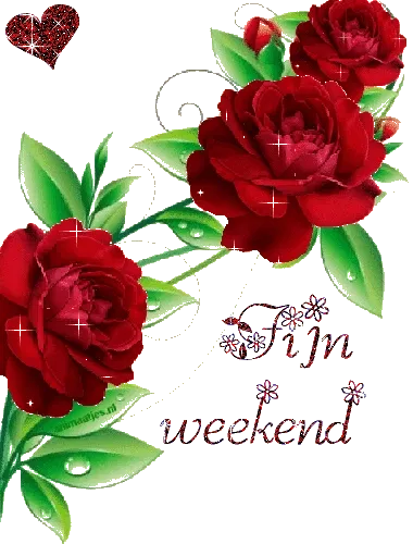 ᐅ fijn weekend bloemen - Weekend plaatjes Drie rode rozen met de tekst "Fijn weekend" ernaast.