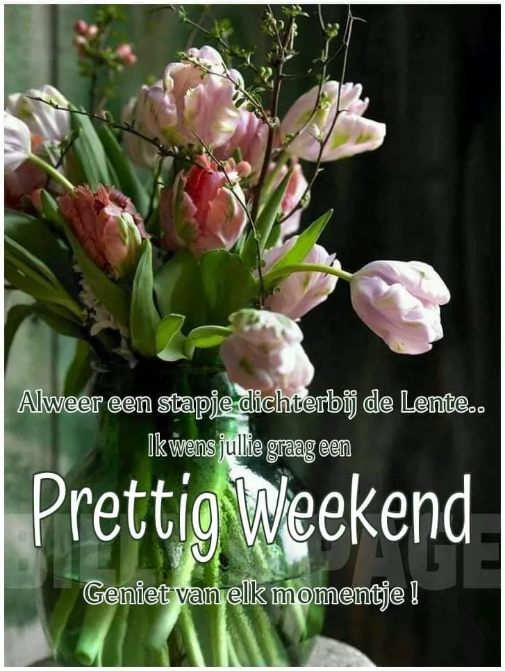 ᐅ fijn weekend bloemen - Weekend plaatjes Een boeket tulpen met de tekst 'Prettig Weekend' en een lentegroet.