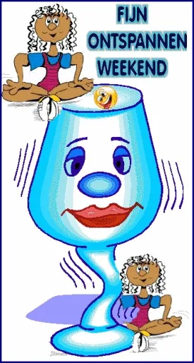 Blauwe beker met gezicht, vrouwen mediteren, tekst: "Fijn Ontspannen Weekend".