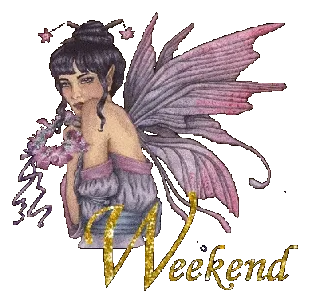 Fantasievolle fee met vleugels en een 'Weekend' tekst eronder.