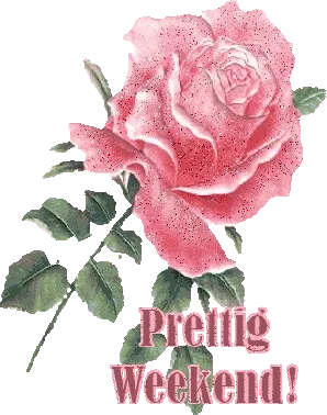 Roze roos met de tekst "Prettig Weekend!" ernaast.