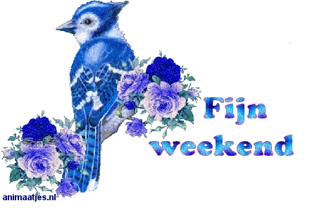 Blauwe vogel met bloemen en tekst "Fijn weekend".