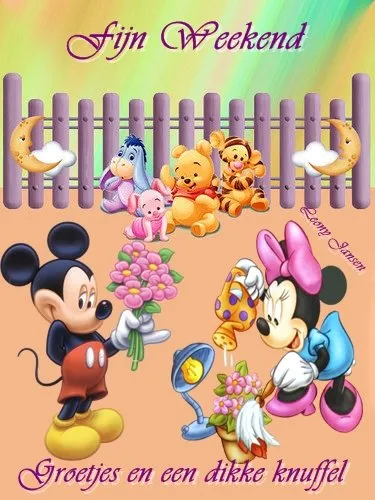 Illustratie van Mickey en Minnie Mouse met bloemen en figuren uit Winnie de Poeh.