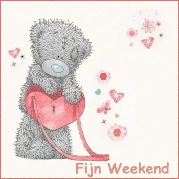 Grijze teddybeer met een roze hart, omringd door bloemen en de tekst "Fijn Weekend".