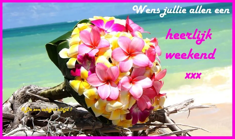 Aangeklede bloemen op een strand, wens voor een fijn weekend.