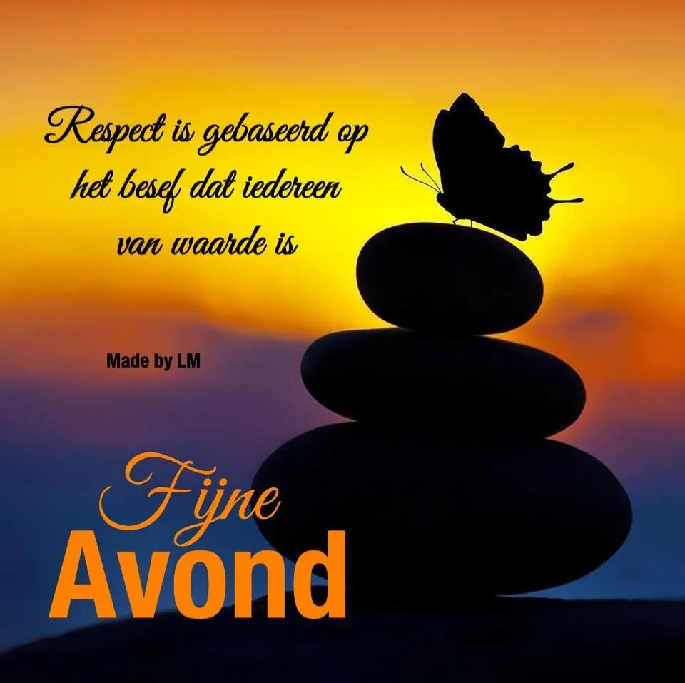 Zwarte vlinder op stenen met de tekst "Fijne Avond" en een boodschap over respect.