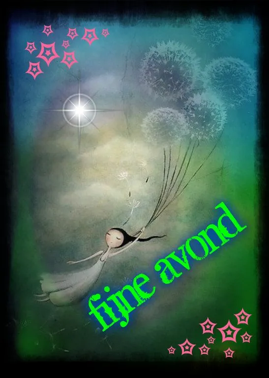 Een meisje met ballonnen in een dromerige avondluchten. Tekst: "fijne avond".