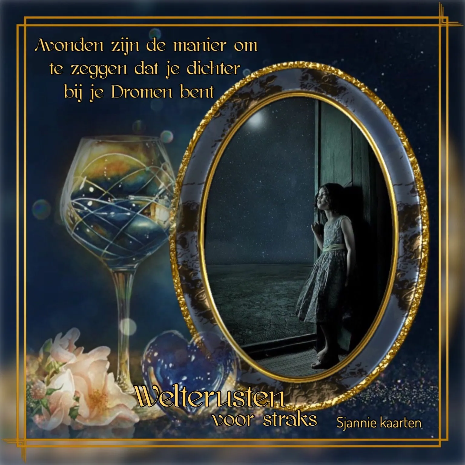 ᐅ fijne avond allemaal - Fijne avond plaatjes Een vrouw kijkt naar de sterren vanuit een raam omgeven door een kleurrijke lijst.