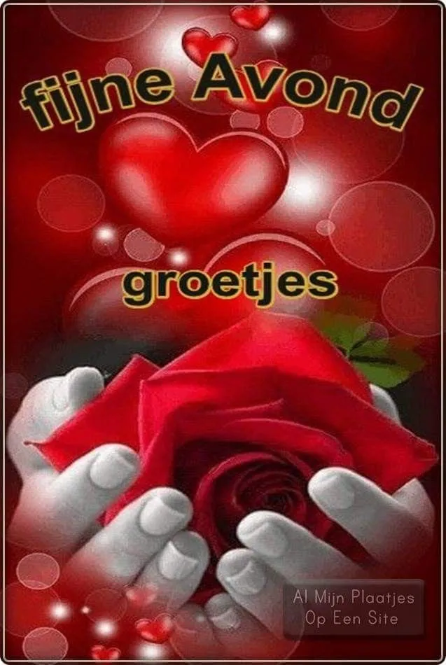 ᐅ fijne avond allemaal - Fijne avond plaatjes Roze roos en handen op een rode achtergrond met de tekst "fijne Avond groetjes".