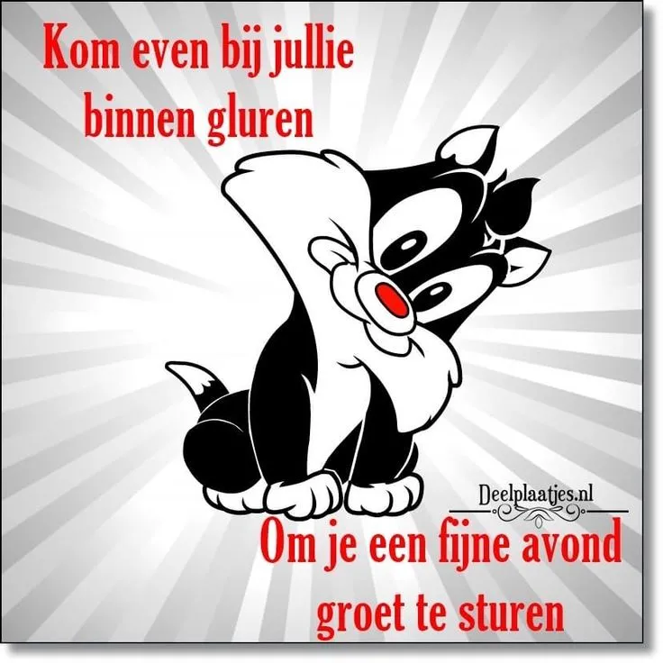 ᐅ fijne avond allemaal - Fijne avond plaatjes Tekening van een cartoonkat met de tekst over een vriendelijke groet voor de avond.