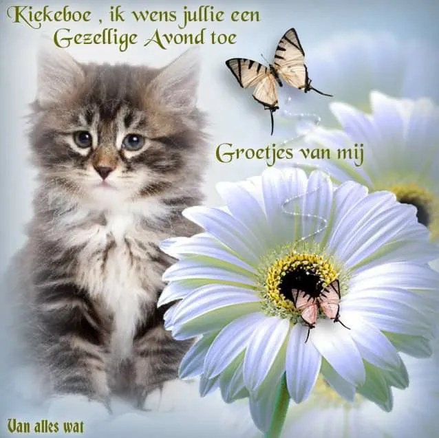 Een schattige kitten met een bloem en vlinders op een zacht gekleurde achtergrond.