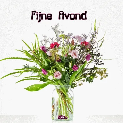 Vaas met kleurrijke bloemen, met tekst "Fijne Avond" erboven.