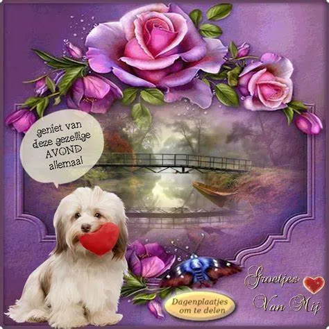 Een schattige hond met een hartje, omringd door rozen en een brug in een schilderachtige achtergrond.