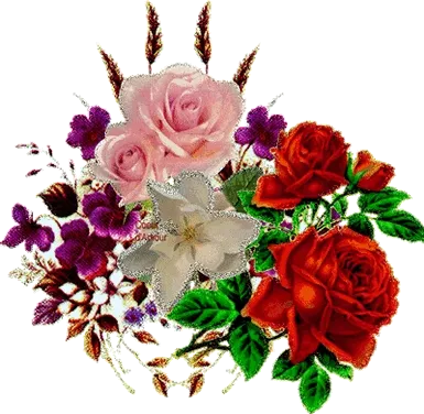 Een bloempatron van rozen, viooltjes en andere bloemen in verschillende kleuren.