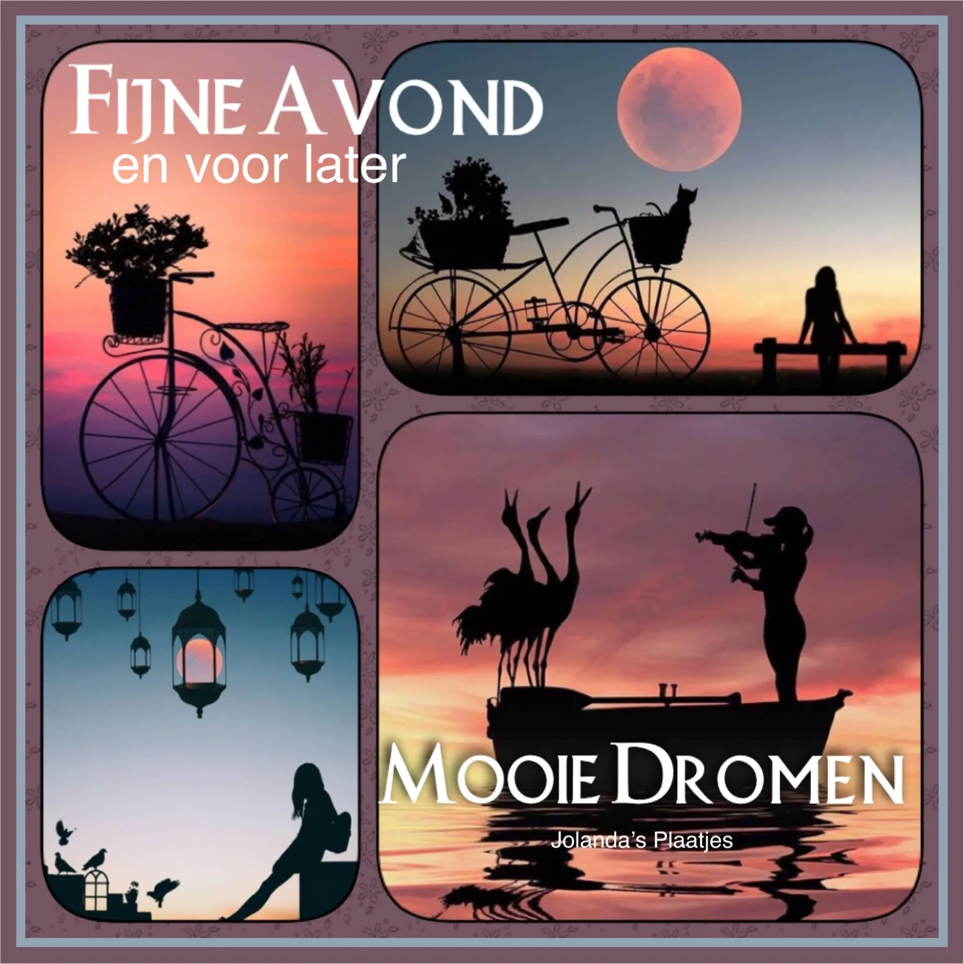 ᐅ fijne avond en slaap lekker - Fijne avond plaatjes Zonneschijn achter fietsen en silhouetten van dansers en een muzikant bij de zee.