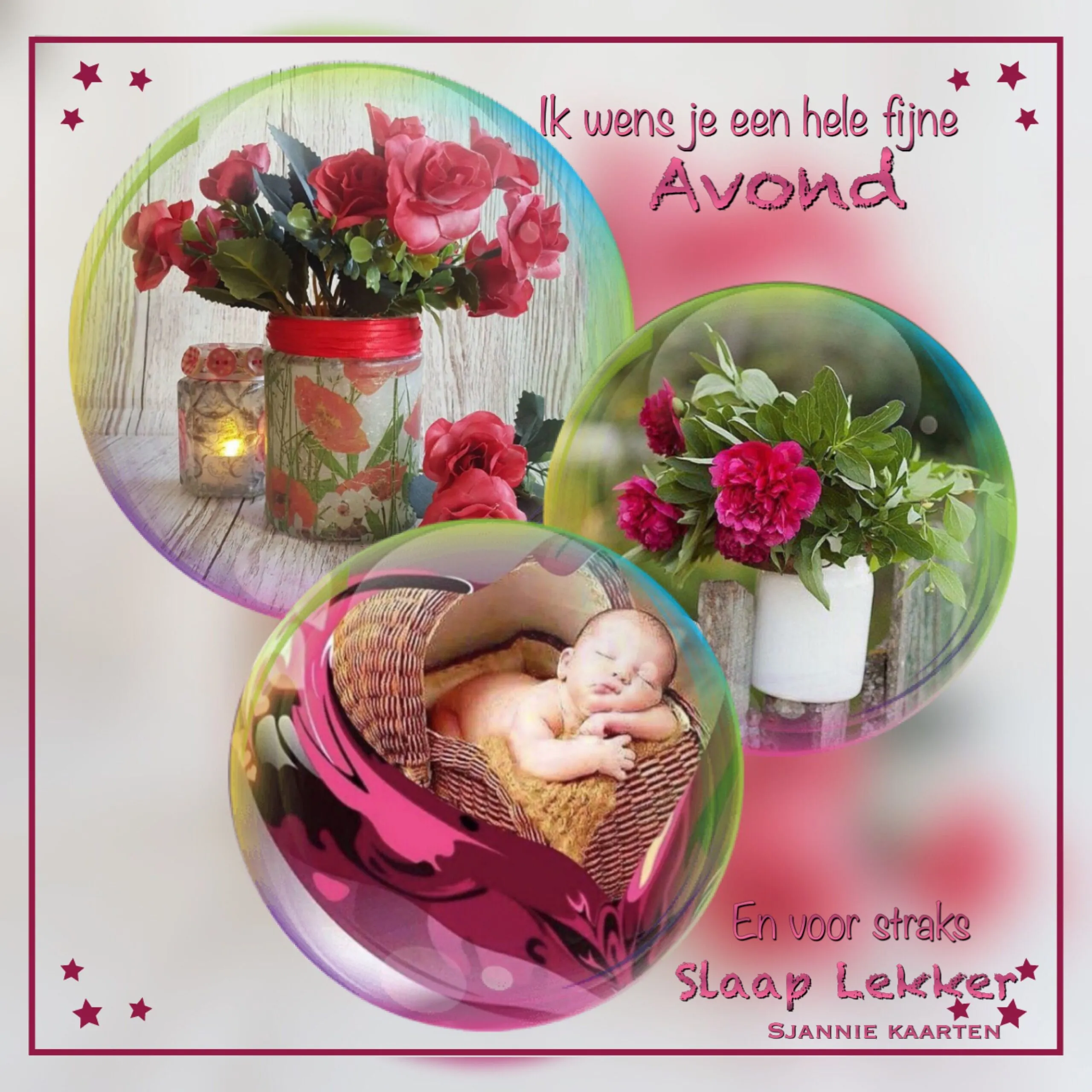 ᐅ fijne avond en slaap lekker - Fijne avond plaatjes Afbeelding met bloemen, een baby die slaapt en een avondgroet.