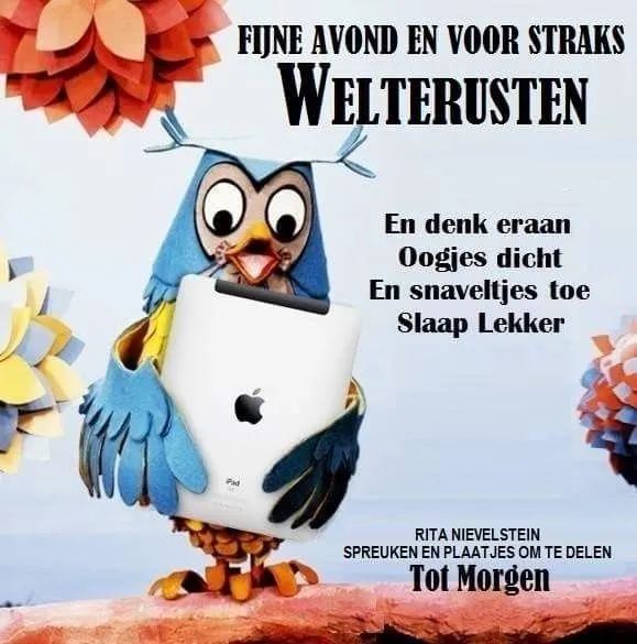 ᐅ fijne avond en slaap lekker - Fijne avond plaatjes Een vrolijke uil met een tablet en een boodschap voor goede nachtrust.