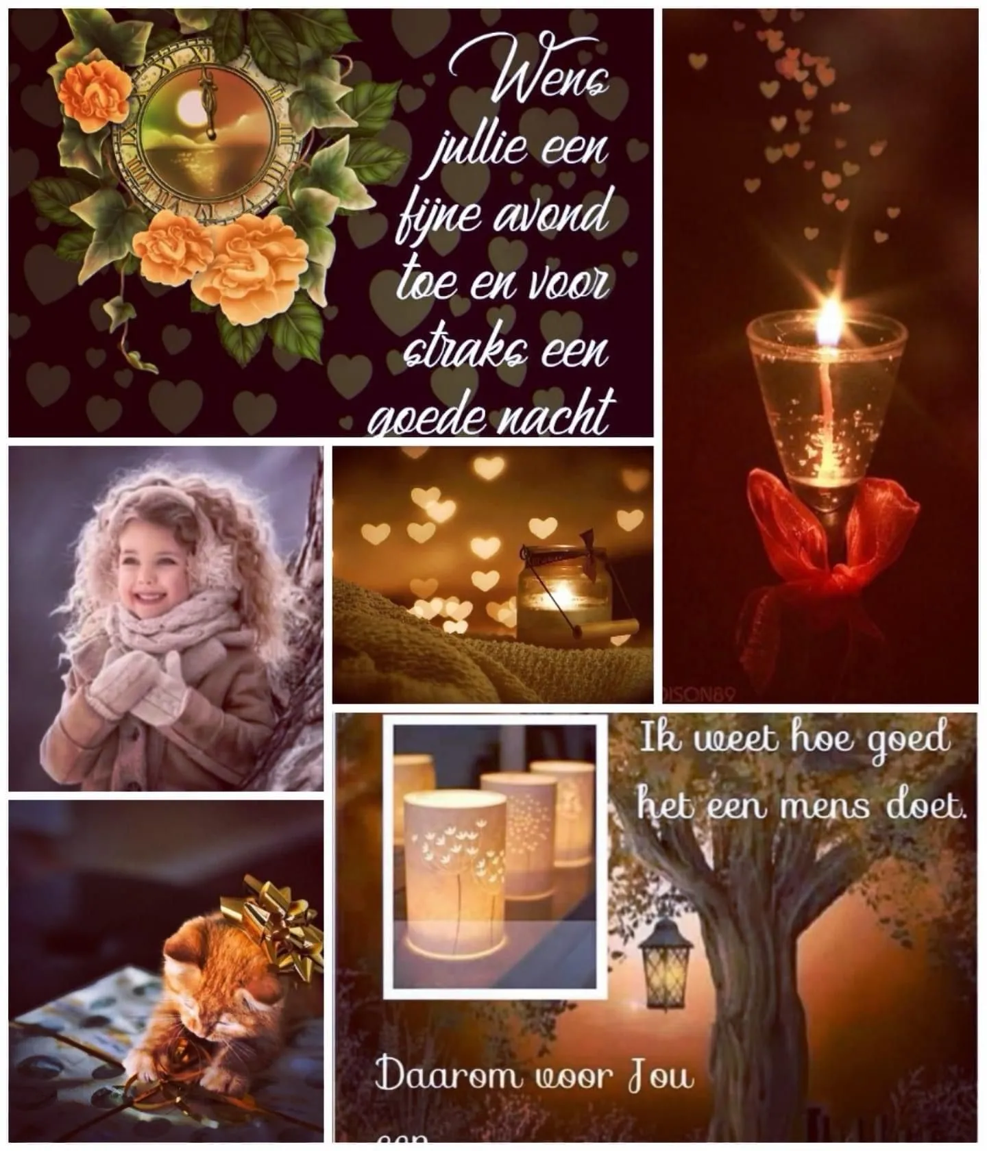 ᐅ fijne avond en slaap lekker - Fijne avond plaatjes Collage met kaarsen, bloemen en een meisje in de sneeuw. Sfeervolle en warme sfeer.