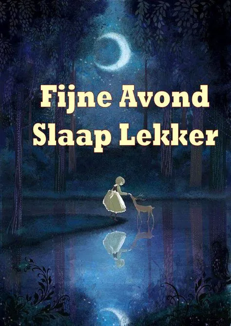 ᐅ fijne avond en slaap lekker - Fijne avond plaatjes Een meisje met een hert bij een rustgevende waterkant onder een maan.