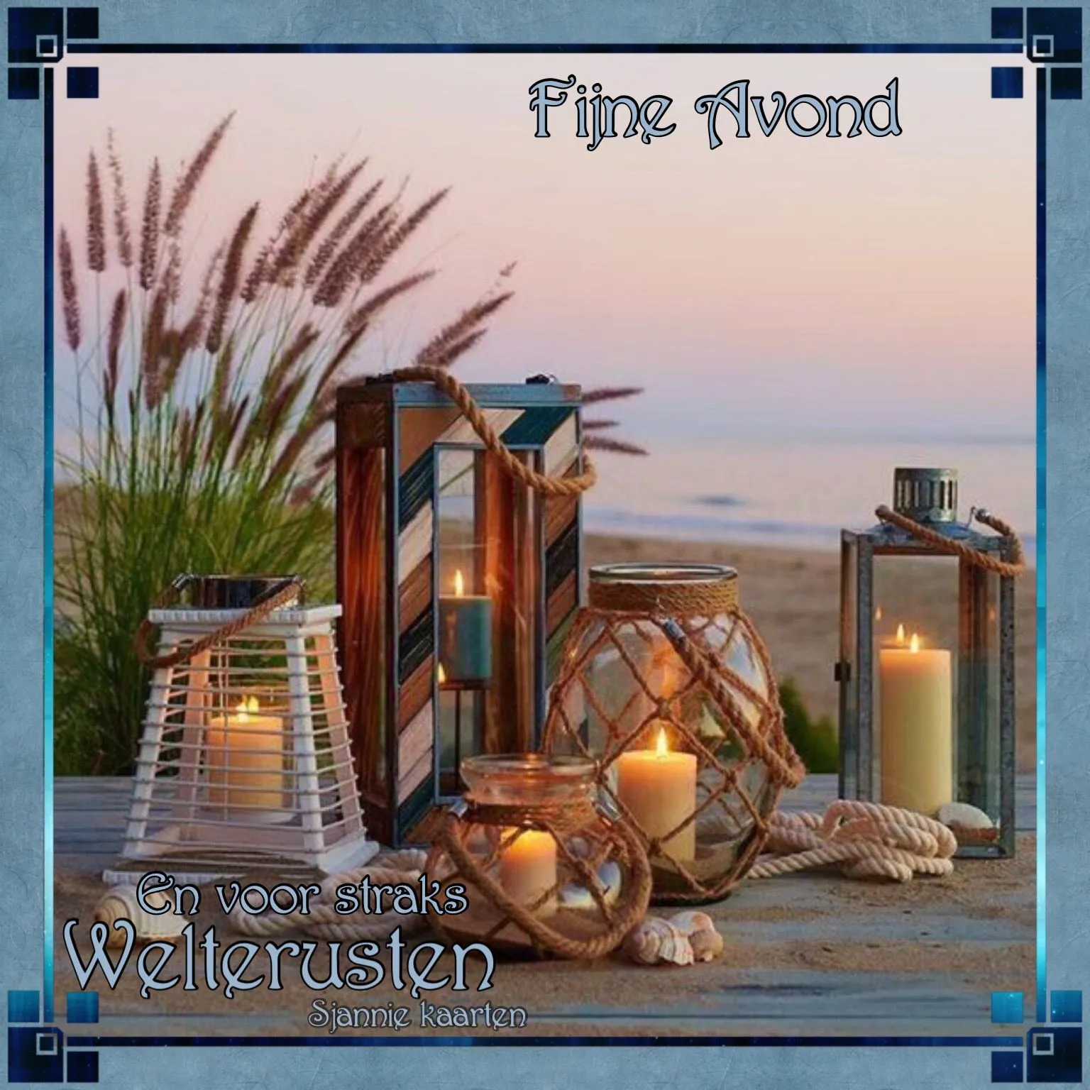 ᐅ fijne avond en slaap lekker - Fijne avond plaatjes Tafel met lampionnen en kaarsen op het strand bij zonsondergang.