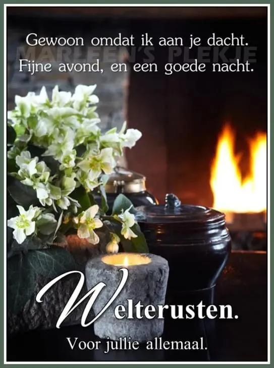 ᐅ fijne avond en voor straks welterusten - Fijne avond plaatjes Kaars en bloemen bij een open haard met een boodschap voor een goede nacht.