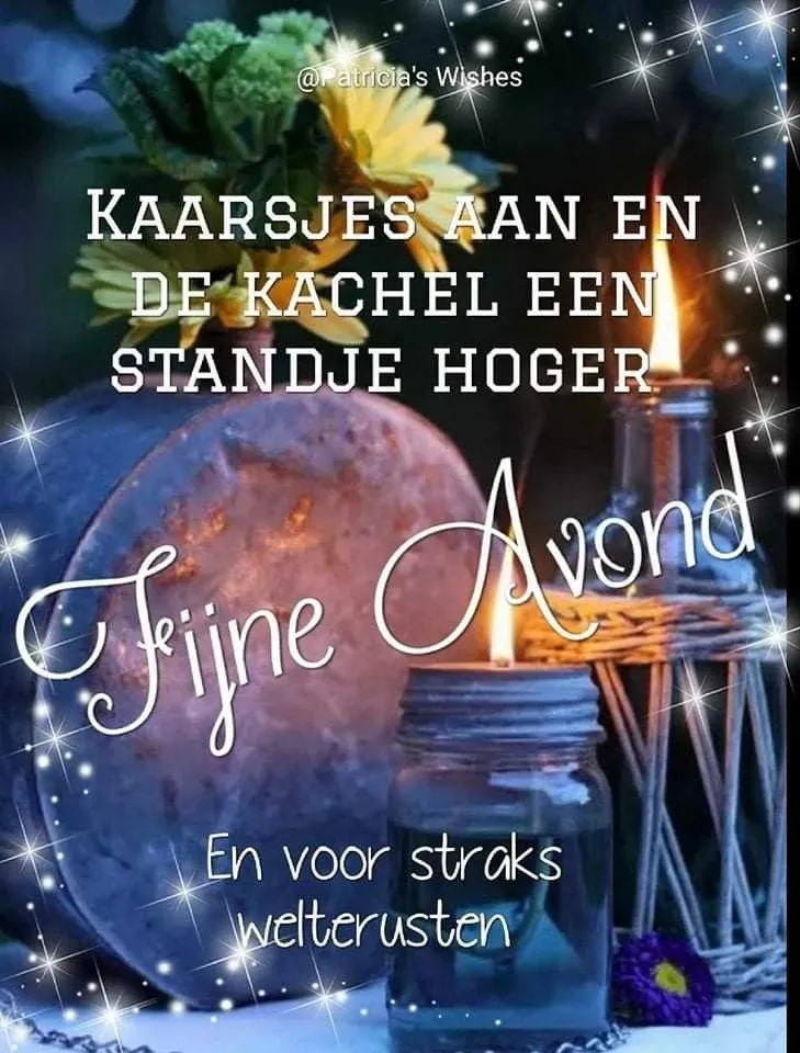 ᐅ fijne avond en voor straks welterusten - Fijne avond plaatjes Kandelaar en kaarsen bij de haard met de tekst "Fijne Avond".