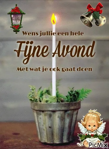 Kaars in bloempot met feestelijke tekst voor een fijne avond.