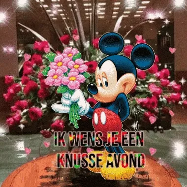 Mickey Mouse houdt een boeket bloemen vast voor een romantische avond.