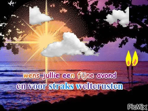 Zonsondergang boven de zee met tekst "fijne avond" en kaarsen.