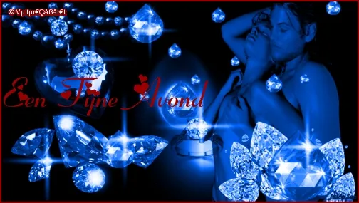 Twee mensen omarmend, omringd door blauwe edelstenen en een romantische sfeer.