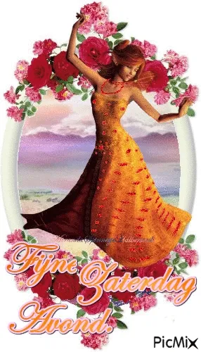 Vrouw in een gele jurk met bloemen, tekst: "Fijne Zaterdag Avond."