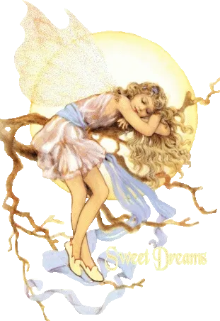 Een fee slaapt vredig op takken met de tekst "Sweet Dreams".
