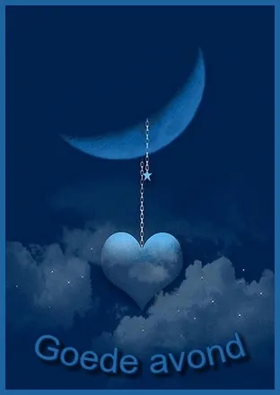 Een hart hangt aan een ketting onder een maan met de tekst "Goedeavond".
